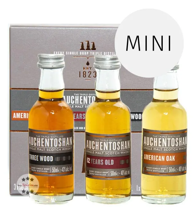 Auchentoshan Gift Collection Whisky-Probierset American Oak, Three Wood, 12 YO / 40 & 43 % Vol. / 3 x 0,05 Liter in Geschenkbox