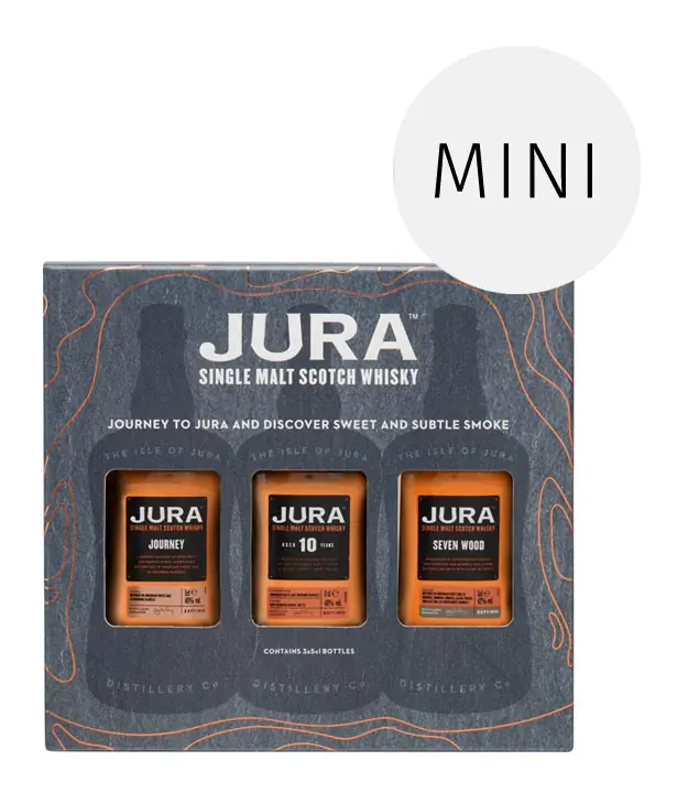 Jura Whisky Probierset Journey, Seven Wood, 10 Jahre / 40 – 42 % Vol. / 3 x 0,05 Liter-Flasche in Deko-Box