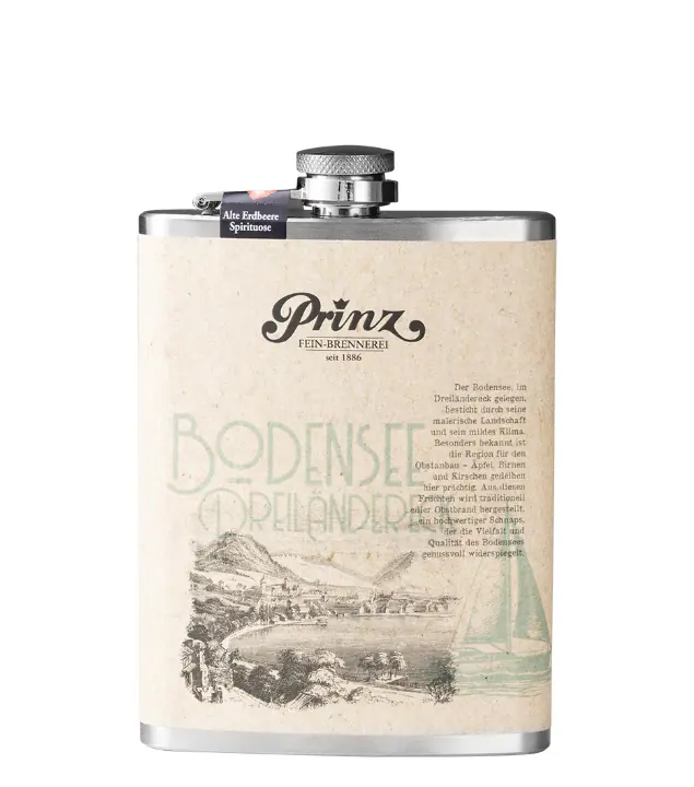 Prinz Flachmann Bodensee - Alte Erdbeere / 41 % vol / 0,2 Liter-Flasche aus Edelstahl