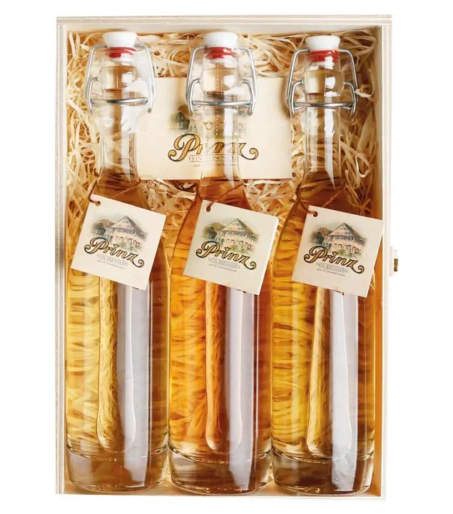 Prinz Geschenk Set Altes Trio - Prinz Alte Sorten (Williams, Marille & Wald-Himbeere) / 41 % vol. / 3*0,2 Liter Flasche in Holzkiste