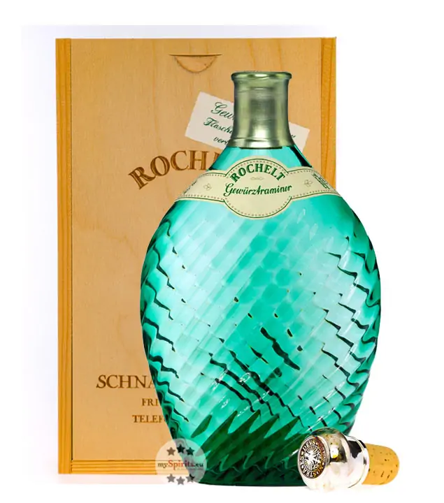 Rochelt Gewürztraminer – Traubenbrand aus der Traminer Rebe / 50 % Vol. 0,35 Liter-Flasche in Holzkiste