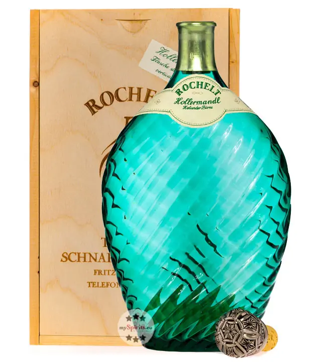 Rochelt Hollermandl – Brandcuvée aus Williamsbirne und Holderbeere / 50 % Vol. 0,7 Liter-Flasche in Holzkiste