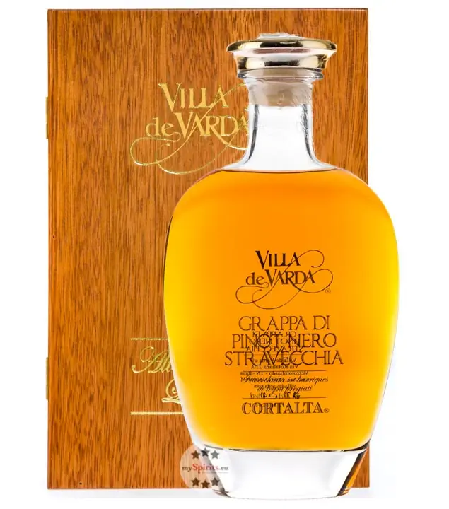 Villa de Varda Grappa Pinot Nero Stravecchia-Cortalta / 40 % Vol. / 0,7 L-Flasche in Mahagoniholz-Kästchen