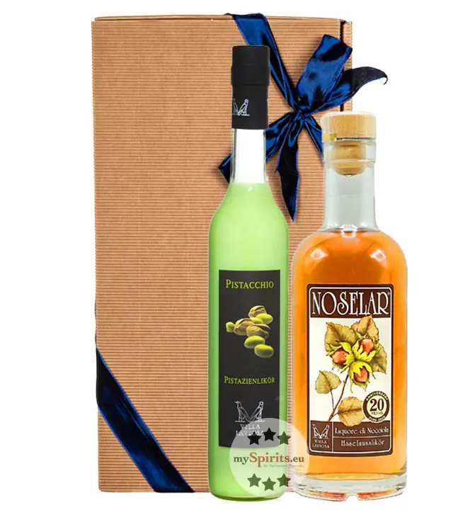 Villa Laviosa Geschenkset: Noselar Likör (24 % Vol. / 0,5L) + Pistazien-Likör (17 % Vol. / 0,5L) in GP